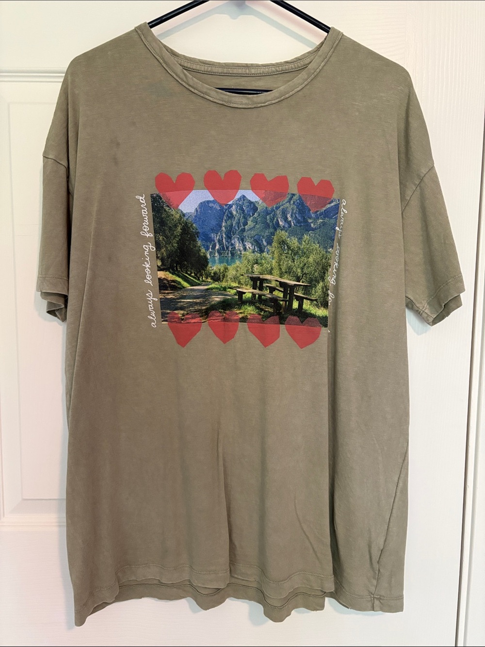 aerie Olive Graphic Tee with Red Heart Border